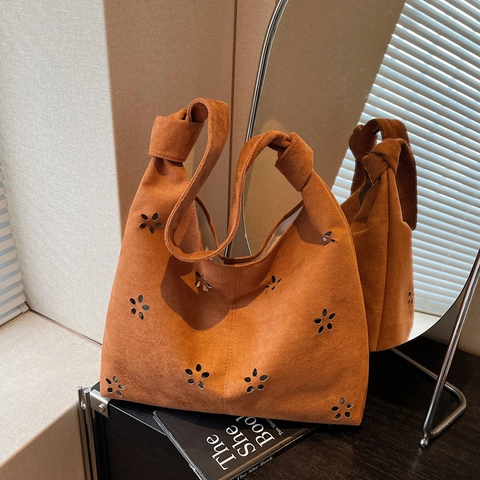 Γυναικεία Τσάντα Tote με Knotted Strap και Laser Cutout Λουλούδια Vintage PU Τσάντα Ώμου Μεγάλη Χωρητικότητα