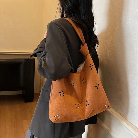 Γυναικεία Τσάντα Tote με Knotted Strap και Laser Cutout Λουλούδια Vintage PU Τσάντα Ώμου Μεγάλη Χωρητικότητα