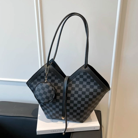 Borsa Tote in Pelle PU Urban Retro E Borsellino Grande Capacità Borsa a Spalla Motivo Plaid per Donna Pendolare Quotidiano