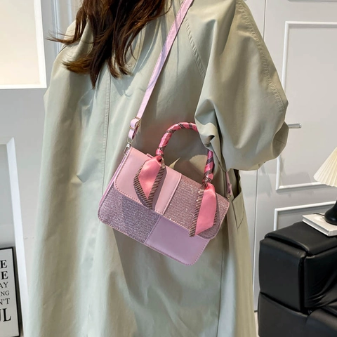 Women Niche Design Sequin PU Leather Shoulder Bag With Scarf Wrapped Handle Versatile Casual Crossbody Fashion Square Bag