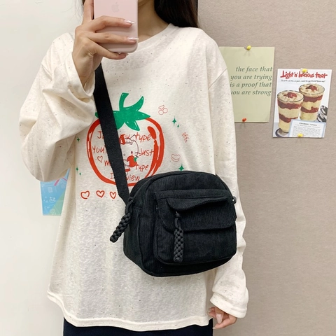 Women Vintage Corduroy Small Square Shoulder Bag Casual Crossbody Bag With Front Flap Pocket Adjustable Strap Solid Color