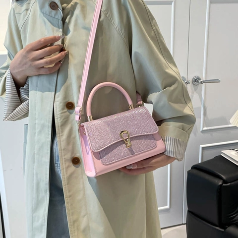 Fashion Women Rhinestone Flap Small Square Bag PU Leather Crossbody Handbag With Gold Metal Lock Elegant Party Messenger Bag