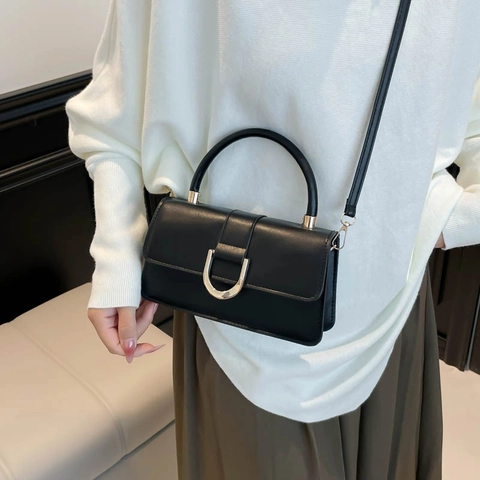 Bolso de Hombro de Cuero PU Vintage para Mujer Con Hebilla de Metal en D Dorada Bolso Bandolera Cuadrado de Color Sólido de Moda