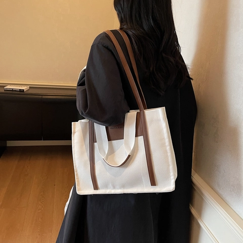 Damen Casual Canvas Tote Bag Große Kapazität Schultertasche Mit Kunstlederbesatz Kontrastfarbe Ziernaht Handtasche
