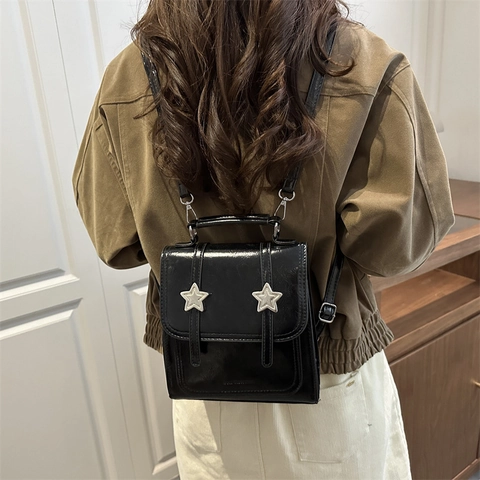 Zaino Mini in Pelle PU Retrò Preppy da Donna Con Decorazione a Stella Piccola Borsa a Tracolla a Mano per Scuola Uso Quotidiano