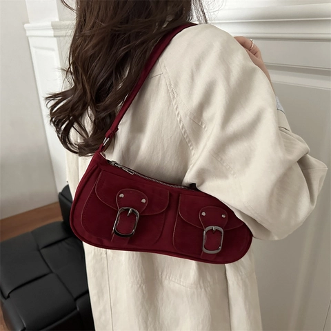 Women Suede Look Underarm Bag Retro Multi Pocket Shoulder Baguette Bag With Silver Metal Buckles Solid Color Street Trend Purse