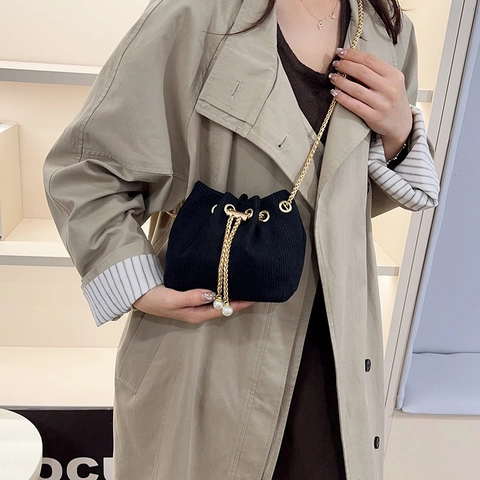 Women's Corduroy Bucket Bag With Artificial Pearl Drawstring Gold Chain Strap Fashion Shoulder Crossbody Handbag