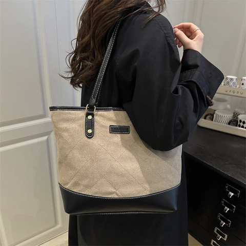 Vintage Rhombus Quilted Nubuck Fabric Artificial Leather Tote Bag Large Capacity Women Fashion Shoulder Bag Casual Commuting Handbag