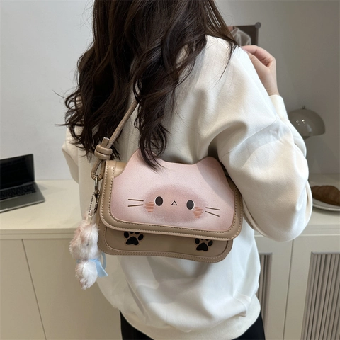 Cute Cat Ear Crossbody Bag For Women PU Leather Small Square Shoulder Bag With Plush Bunny Charm Khaki Fashion Messenger