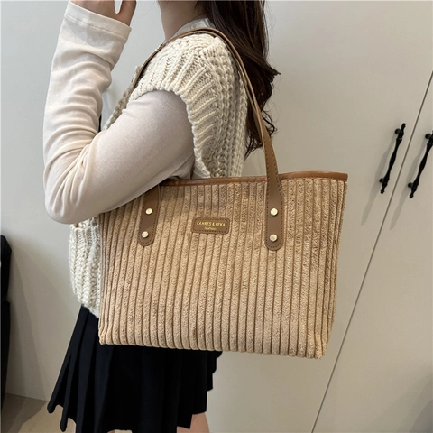 Borsa Tote in Velluto a Coste da Donna Retrò Grande Capacità Borsa a Tracolla Semplice Casual con Manici in Pelle Artificiale