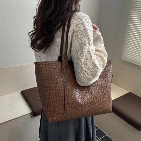 Trendige Gewebte Leder Große Kapazität Einkaufstasche Für Damen Mode Retro PU Schultertasche Lässig Alltag Arbeit Handtasche