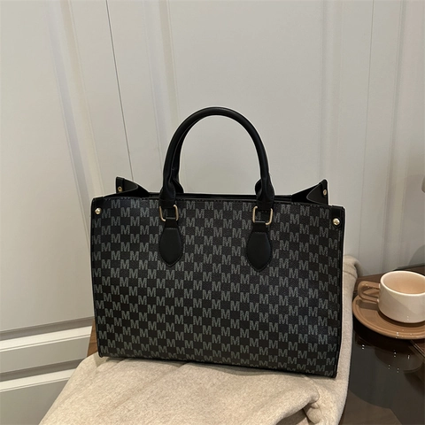 Bolso Tote con Monograma Retro para Mujer Gran Capacidad de Cuero PU Estampado Bolso de Hombro Moda Uso Diario