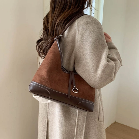 Retro Damen PU Patchwork Umhängetasche Kontrastnähte Hobo Tote Tasche Minimalistischer Metallring Dekor Handtasche Alltag Pendeln