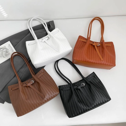 Bolso Tote Vintage Trenzado en Cuero PU Gran Capacidad Minimalista Bolso de Hombro Color Sólido Bolso para Mujer Oficina Diario