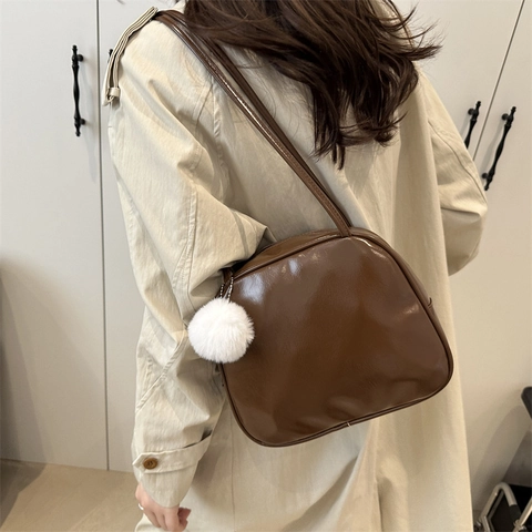 Women's Trendy Glossy PU Leather Small Square Shoulder Bag With Plush Ball Charm Niche Design Casual Fashion Handbag