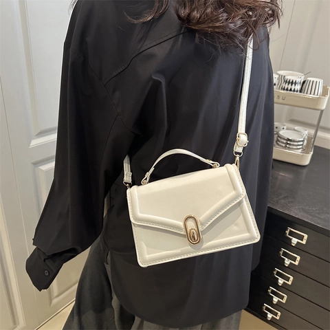 Women Fashion PU Leather Small Square Shoulder Bag Vintage Minimalist Crossbody Bag With Gold Metal Lock Top Handle Satchel For Daily Fashion Work Dating