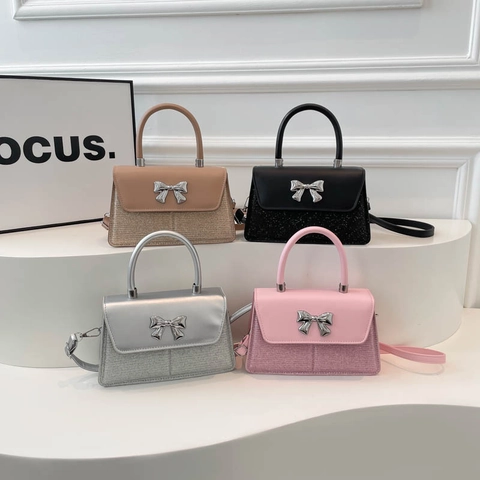 Borsa a Tracolla in Pelle PU da Donna Decorazione con Fiocco in Paillettes Luccicanti Piccola Borsa a Mano Quadrata per Feste