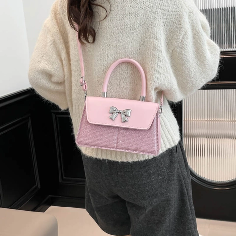 Borsa a Tracolla in Pelle PU da Donna Decorazione con Fiocco in Paillettes Luccicanti Piccola Borsa a Mano Quadrata per Feste