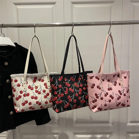 Fashion Cherry Print Tote Bag Large Capacity PU Leather Shoulder Bag Casual Women Commuting Handbag Printed Square Bag