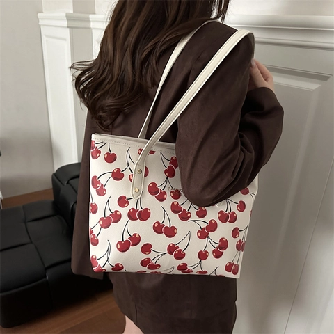 Fashion Cherry Print Tote Bag Large Capacity PU Leather Shoulder Bag Casual Women Commuting Handbag Printed Square Bag
