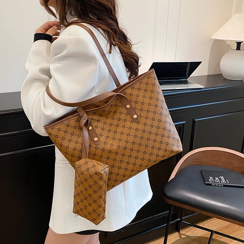 Sac Cabas Femme en Cuir PU Imprimé Monogramme Géométrique Rétro Sac à Épaule Grande Capacité avec Pochette