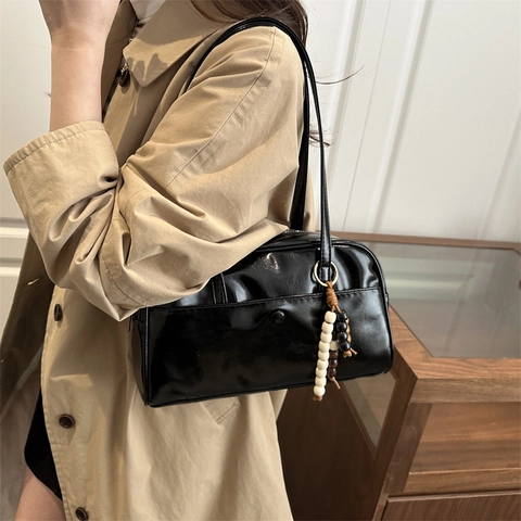 Borsa Sottobraccio Minimalista Donna Grande Capacità Moda Casual Pendolare Borsa a Spalla Pelle PU Lucida Stile Cuscino Con Cerniera