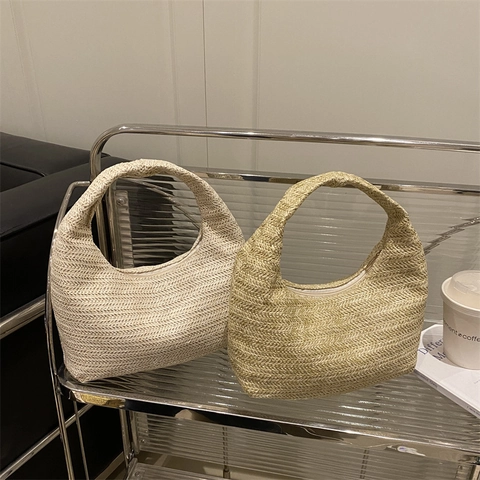 Damen Gewebte Handtasche Minimalistische Hobo Tasche Stroh Stil Reißverschluss Kleine Knödeltasche Für Sommer Strand Alltag