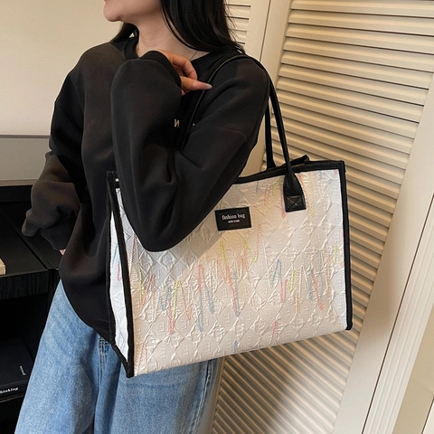 Damen Große Kapazität Stoff Tote Bag Mit Bunter Herzschlag Stickerei Mode Lässig Schultertasche Street Trend Handtasche