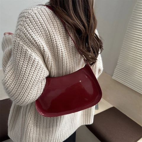 Women's PU Patent Leather Underarm Bag Minimalist Solid Color Glossy Shoulder Bag Zipper Small Square Bag Fashion Handbag