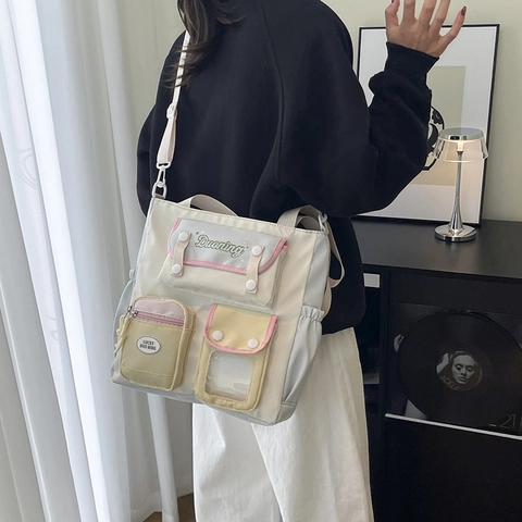 Bolso Tote de Nailon en Color de Contraste para Mujer Gran Capacidad Multibolsillo Bolso de Hombro Casual Streetwear Bolso Bandolera