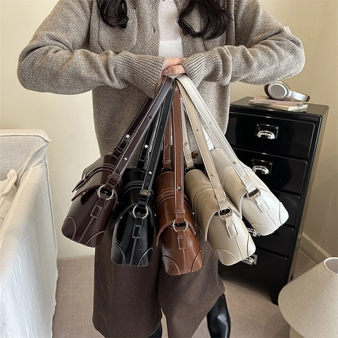 Fashion PU Leather Small Square Shoulder Bag For Women Retro Stitching Crossbody Bag Simple Minimalist Flip Handbag