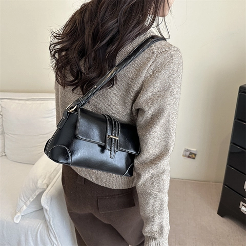 Fashion PU Leather Small Square Shoulder Bag For Women Retro Stitching Crossbody Bag Simple Minimalist Flip Handbag