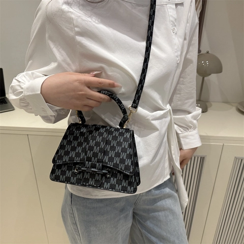 Dames Retro Letterprint Geometrische Kleine Vierkante Tas PU-Leer Handtas Crossbody Schoudertas Trend Mode Handtas