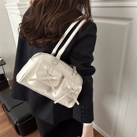Women Vintage Patent Leather Shoulder Bag With Bow Decoration Double Pockets Glossy PU Underarm Bag Fashion Handbag Daily