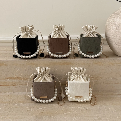 Women Retro PU Leather Box Bag Artificial Pearl Handle Chain Shoulder Bag Elegant Mini Drawstring Crossbody Fashion Handbag