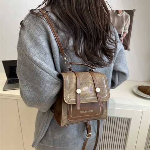 Mini Zaino da Donna con Ricamo a Forma di Gatto in Tela Patchwork Pelle PU Piccola Borsa a Tracolla Scuola Viaggio Accessorio