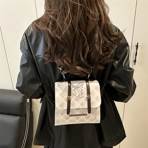 Mode Karo Mini Rucksack Für Damen Süßer Cartoon Hund Muster PU Leder Kleine Quadratische Schultertasche Koreanischer Stil Alltag