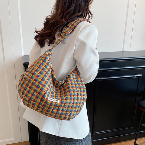 Bolso Tote de Lana a Cuadros Vintage para Mujer Gran Capacidad Bolso de Bandolera Hobo Elegante Informal Color de Contraste Bolso de Mano