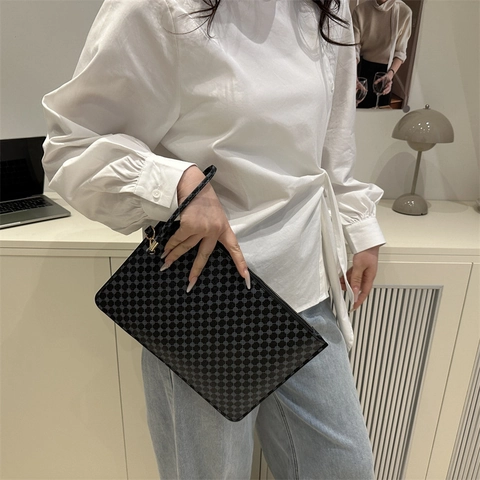 Pochette da Donna in Pelle PU Minimalista Retrò Pochette Quadrata a Busta Stampata Monogramma Borsa a Mano con Cinturino da Polso