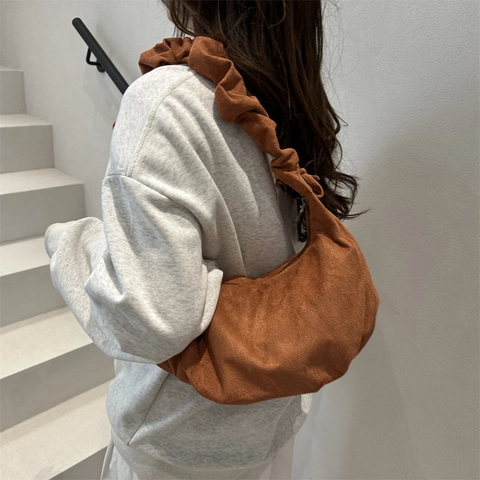 Vintage Wildleder Faltenschultergurt Hobo Tasche Geplisselte Schultertasche Mit Schleife Große Kapazität Damen Handtasche
