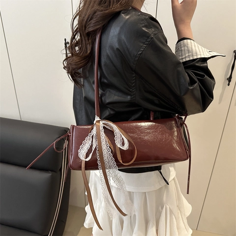 Borsa Sottobraccio in Pelle PU Donna Francese Retro Elegante Fiocco di Pizzo Bianco Decorazione Piccola Borsa a Tracolla Moda Y2K