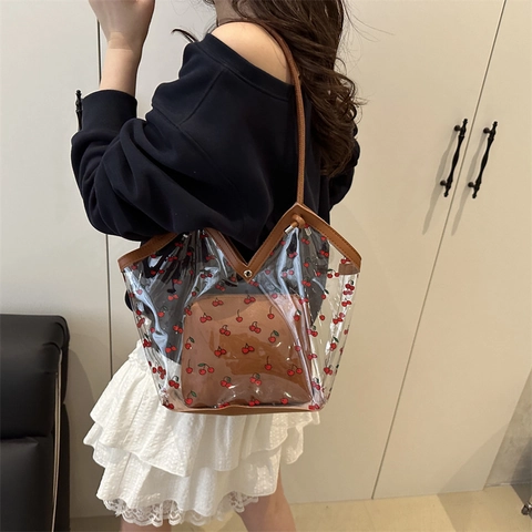 Women Cherry Print Transparent PVC Tote Bag Large Capacity Jelly Handbag With Removable Inner Pouch Fashion Shoulder Bag