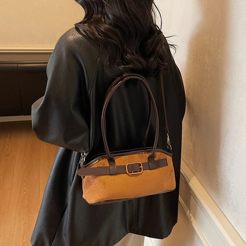 Bolso de Hombro Cuadrado Pequeño de Gamuza Vintage para Mujer Bolso Bandolera Retro Minimalista Con Hebilla de Metal Bolso de Mano de Moda Diario