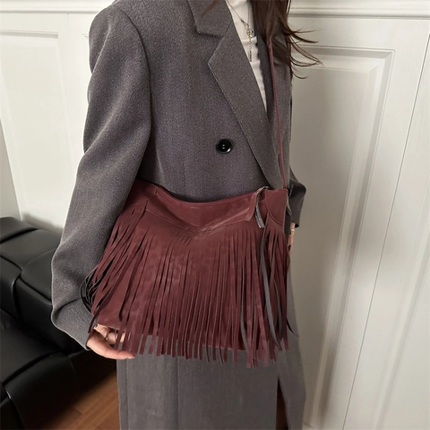 Damen Retro Leopardenmuster Quaste Schultertasche Elegant Wildleder Fransen Umhängetasche Mode Kleine Quadratische Alltagstasche