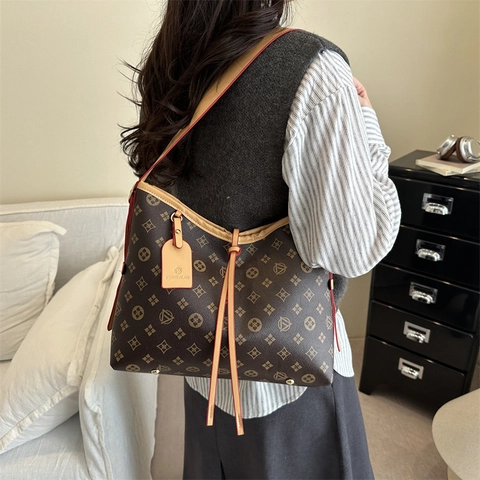 Vintage Monogramm Eimer Schultertasche Für Damen Große Kapazität PU Leder Tote Tasche Mode Pendler Umhängetasche Braun