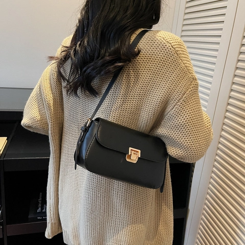 Vintage PU Leder Umhängetasche Für Damen Minimalistische Quadratische Achseltasche Mit Goldener Metallschnalle Mode Handtasche