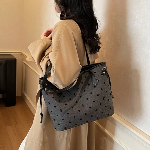 Sac Fourre-Tout Pour Femme Minimaliste Vintage Grande Capacité Automne Hiver Nouvelle Mode Décontractée À Pois Avec Broderie Nœud