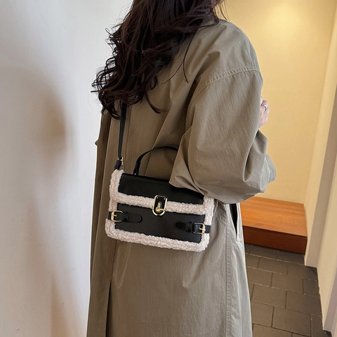 Borsa a Tracolla Vintage da Donna in Pelle PU Con Bordo in Lana d'Agnello Sintetica a Contrasto Borsa a Mano Quadrata di Nicchia