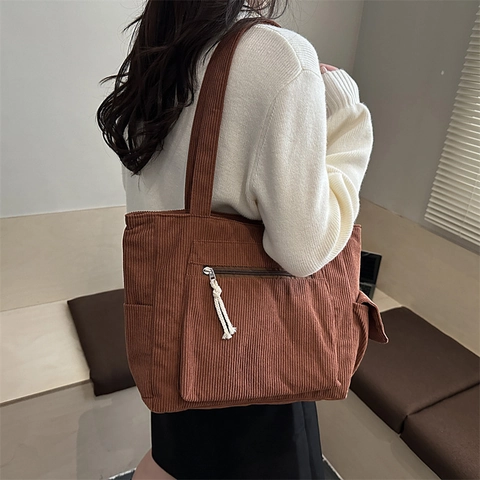 Borsa Tote in Velluto a Coste da Donna Grande Capacità Borsa a Tracolla Casual Retrò Minimalista con Tasca con Cerniera