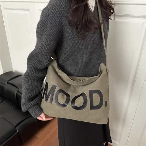 Borsa a Tracolla in Tela Unisex di Grande Capacità Stampa Lettera MOOD Casual Messenger Bag Borsa Crossbody di Moda Minimalista